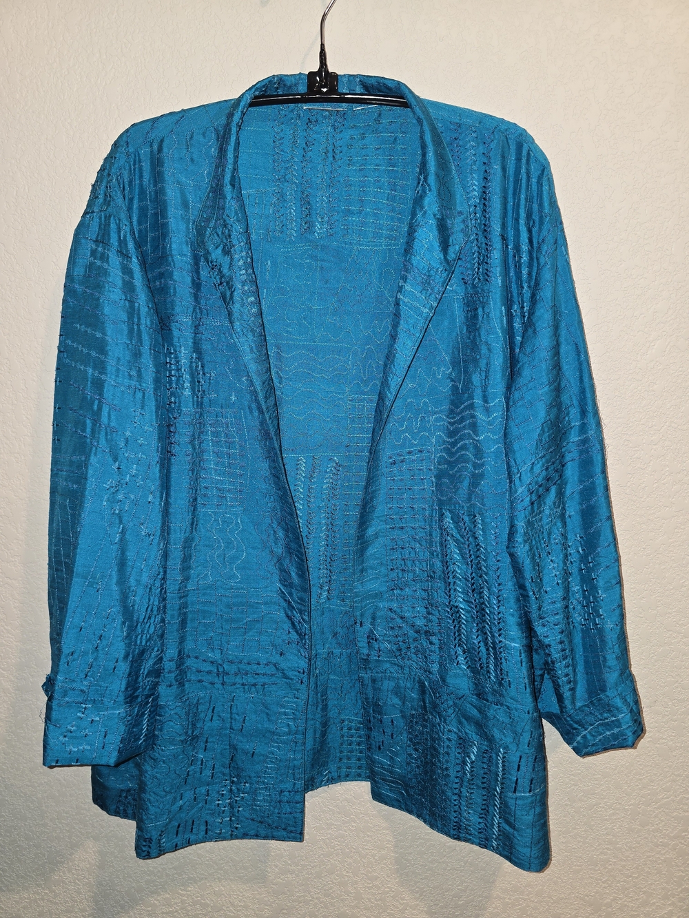 Women's Large Vibrant Turquoise Silk Open Front Kantha Stitch Jacket Blazer